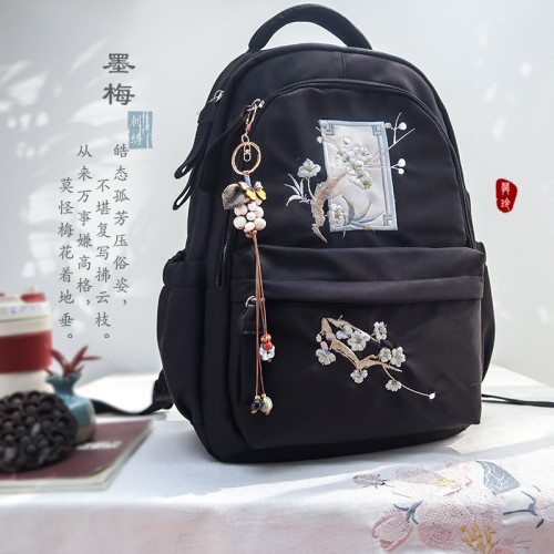 新品16寸電腦A4書包上課旅遊文藝復古小清新國風中式刺綉雙肩後後背包