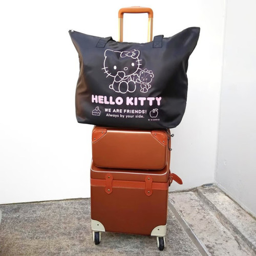 日系卡通折曡行李袋玉桂狗大容量單肩手提購物袋可插行李桿旅行袋