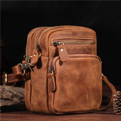 原創新款瘋馬皮腰包男多隔層小包真皮復古斜後後背包牛皮手機包運動包