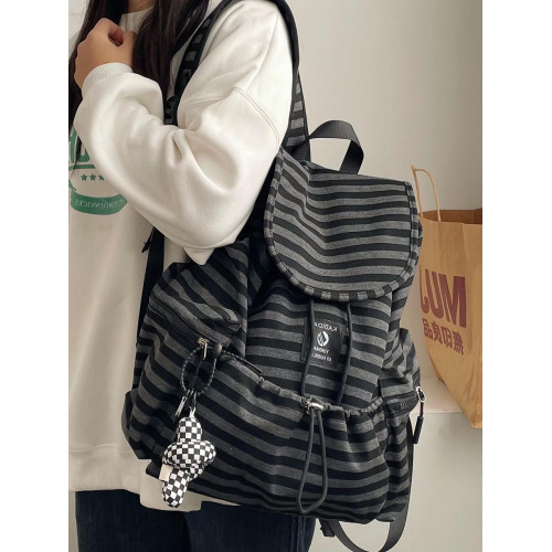 復古條紋雙肩包女抽繩設計韓系百搭書包女大學生上課通勤休閒後後背包