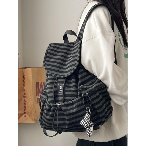 復古條紋雙肩包女抽繩設計韓系百搭書包女大學生上課通勤休閒後後背包