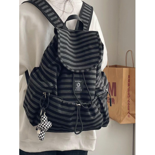 復古條紋雙肩包女抽繩設計韓系百搭書包女大學生上課通勤休閒後後背包