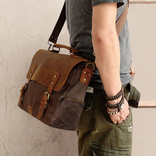 英倫油蠟帆布包男士包復古瘋馬皮牛皮真皮斜後後背包單肩包手提郵差包 英倫油蠟帆布包男士包復古瘋馬皮牛皮真皮斜後後背包單肩包手提郵差包