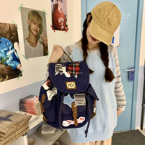 牛仔書包女生高顔值ins風復古辣妹雙肩包可愛大學生大容量後後背包