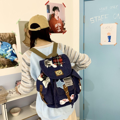 牛仔書包女生高顔值ins風復古辣妹雙肩包可愛大學生大容量後後背包