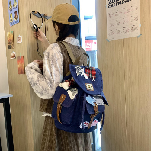 牛仔書包女生高顔值ins風復古辣妹雙肩包可愛大學生大容量後後背包