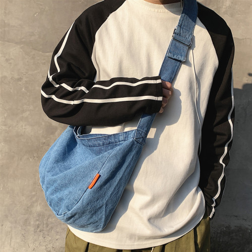 斜後後背包男日系復古牛仔布包原宿慵懶風單肩包休閒百搭男生斜背後後背包