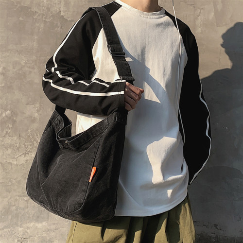 斜後後背包男日系復古牛仔布包原宿慵懶風單肩包休閒百搭男生斜背後後背包