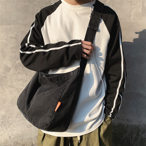 斜後後背包男日系復古牛仔布包原宿慵懶風單肩包休閒百搭男生斜背後後背包