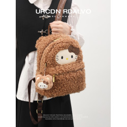 U&R可愛kitty毛絨雙肩包女2025冬季新款小衆高顔值校園書包單肩包