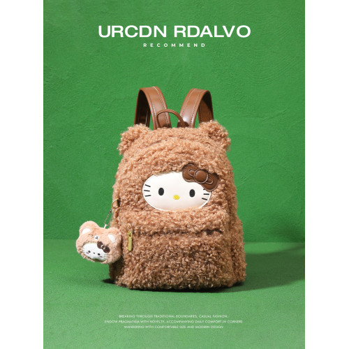 U&R可愛kitty毛絨雙肩包女2025冬季新款小衆高顔值校園書包單肩包