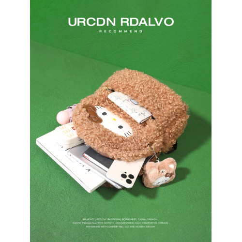 U&R可愛kitty毛絨雙肩包女2025冬季新款小衆高顔值校園書包單肩包