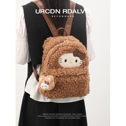 U&R可愛kitty毛絨雙肩包女2025冬季新款小衆高顔值校園書包單肩包