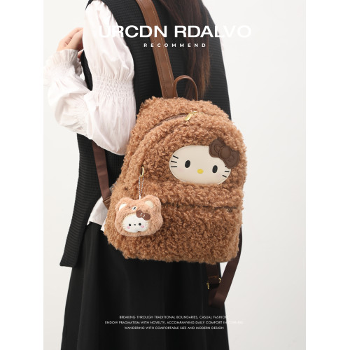 U&R可愛kitty毛絨雙肩包女2025冬季新款小衆高顔值校園書包單肩包