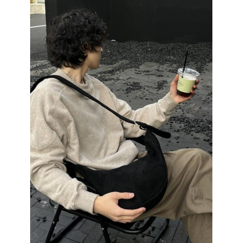 YUEN韓系ins單肩斜背牛角包復古麂皮絨時髦男女月牙餃子氛圍感潮