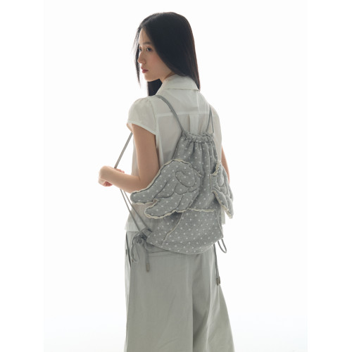 yawhat原創設計波點天使充棉立體翅膀毛邊雙肩包休閒抽繩袋子包