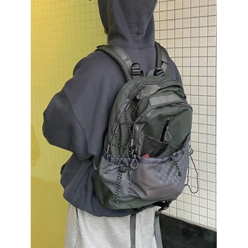韓系機能風雙肩後後背包男女多功能大容量戶外登山包旅行網眼抽繩復古