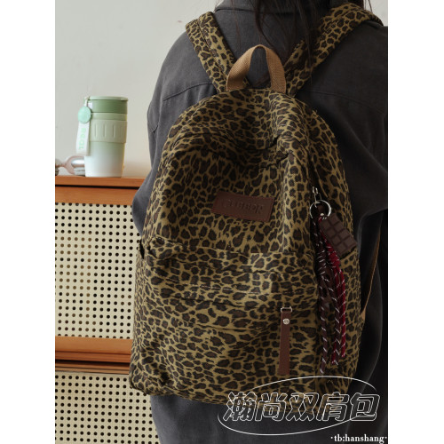 美式復古豹紋雙肩包女旅遊輕便大容量小衆設計感書包女大學生後後背包 美式復古豹紋雙肩包女旅遊輕便大容量小衆設計感書包女大學生後後背包