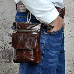 真皮男士復古手機戶外7寸帶掛鉤小腰包油蠟皮穿皮帶腰包單肩斜背