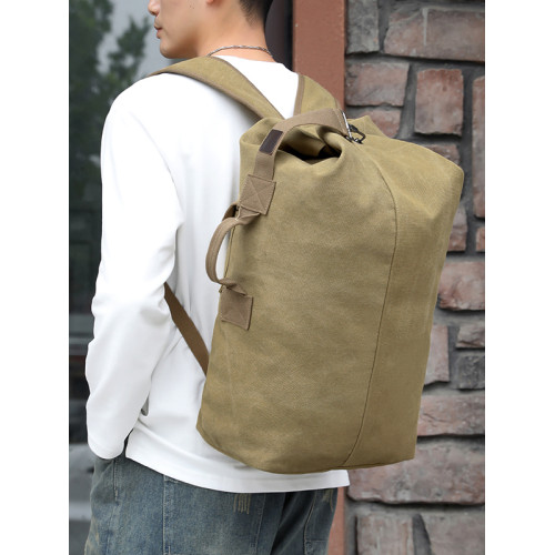 大容量竪款男士戶外旅遊包野外旅行包登山帆布雙肩後後背包復古水桶包