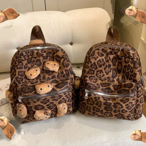 毛絨豹紋貓咪雙肩包kitty貓復古迷你收納包包通勤旅遊辣妹學生包