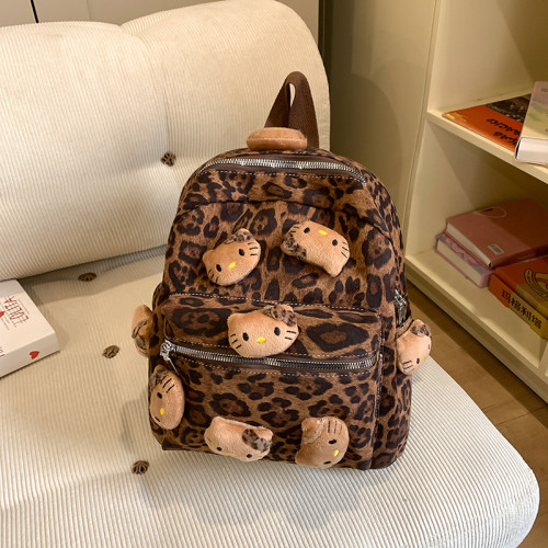 毛絨豹紋貓咪雙肩包kitty貓復古迷你收納包包通勤旅遊辣妹學生包