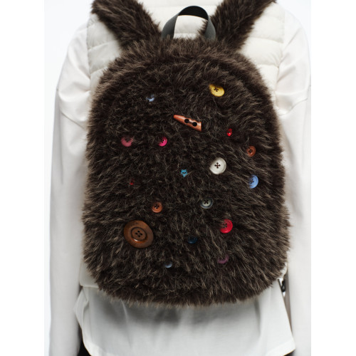 oinimi 趣味彩虹紐釦棕熊毛絨絨雙肩包 萌系造型感