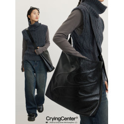 CryingCenter 黑色油蠟大容量單肩斜背皮包可調節托特包 哭喊中心