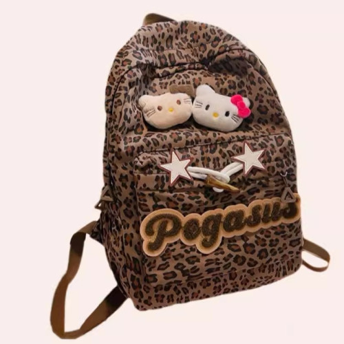 日本原創小衆書包復古秋冬KT雙肩可愛豹紋Y2K大容量後後背包毛絨後後背包