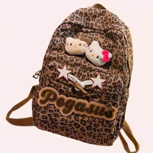 日本原創小衆書包復古秋冬KT雙肩可愛豹紋Y2K大容量後後背包毛絨後後背包