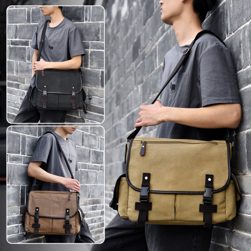 新款帆布單肩包男士後後背包大容量斜背後後背包復古郵差包斜後後背包袋休閒包