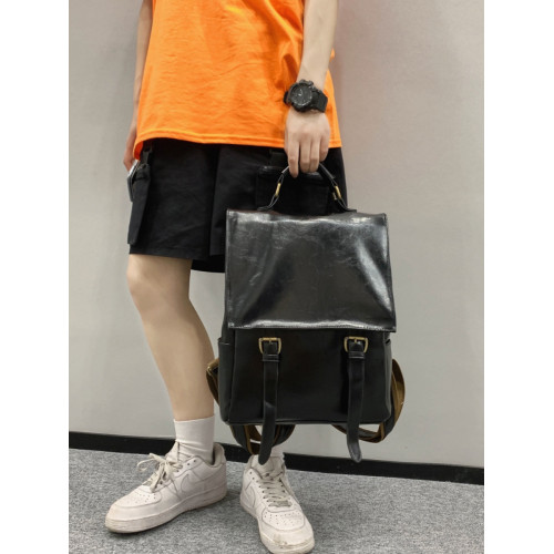 百搭皮質繙蓋休閒雙肩包日系復古大容量後後背包英倫學院風男電腦書包
