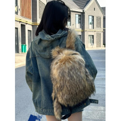 貉子毛絨流蘇百搭彩色雙肩後後背包 男女同款通勤潮流戶外時尚書包