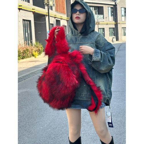 貉子毛絨流蘇百搭彩色雙肩後後背包 男女同款通勤潮流戶外時尚書包