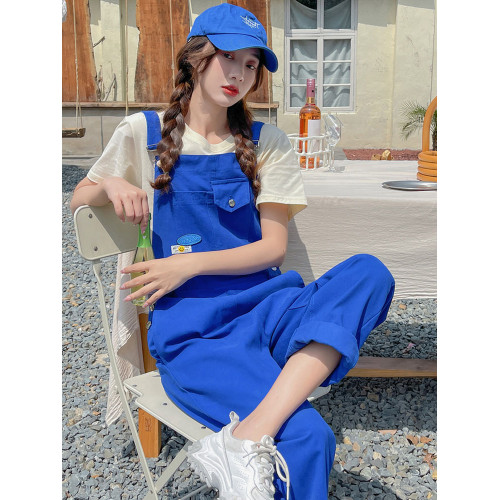 克萊因藍設計感小衆工裝背帶褲女夏2025年新款吊帶連體褲濶腿褲