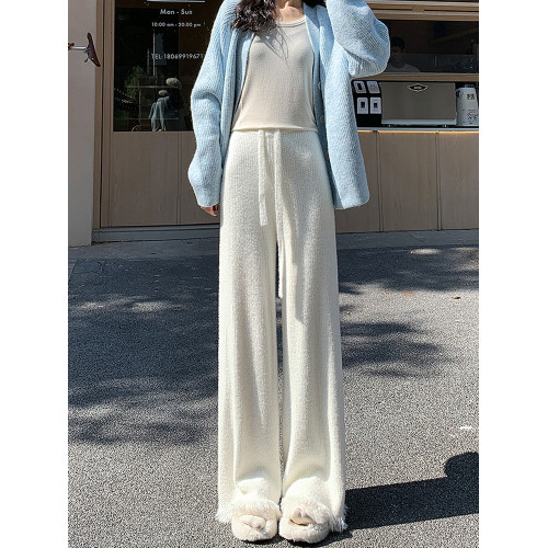 軟糯水貂絨褲子女秋冬糯米褲2026新款寬鬆垂感流蘇毛邊針織濶腿褲