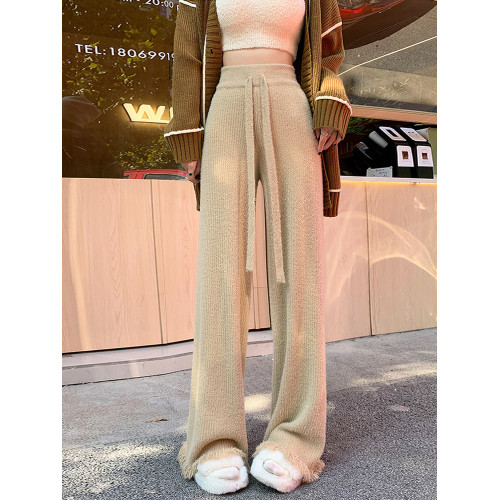 軟糯水貂絨褲子女秋冬糯米褲2026新款寬鬆垂感流蘇毛邊針織濶腿褲