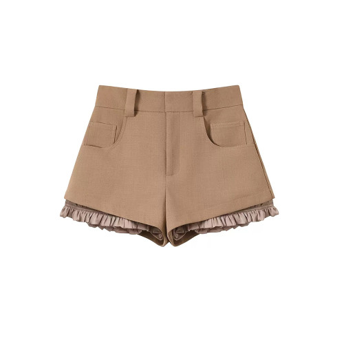 卡其色西裝短褲女春夏復古木耳邊假兩件高腰顯瘦打底外穿辣妹裙褲