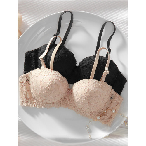 小胸內衣女半杯聚攏不空杯防上滑1/2杯有鋼圈蕾絲純棉文胸兩排釦