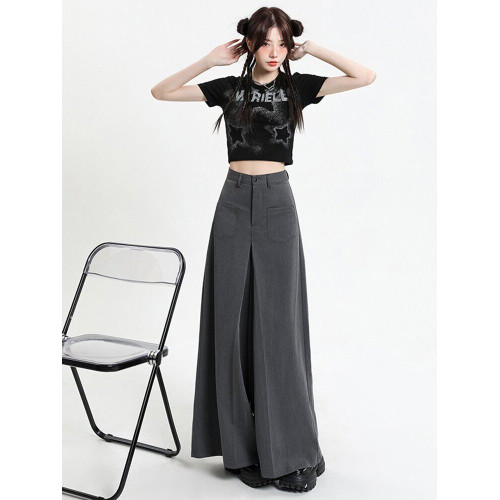 高級感灰色西裝褲裙女夏季薄款高腰垂感濶腿褲寬鬆直筒休閒拖地褲
