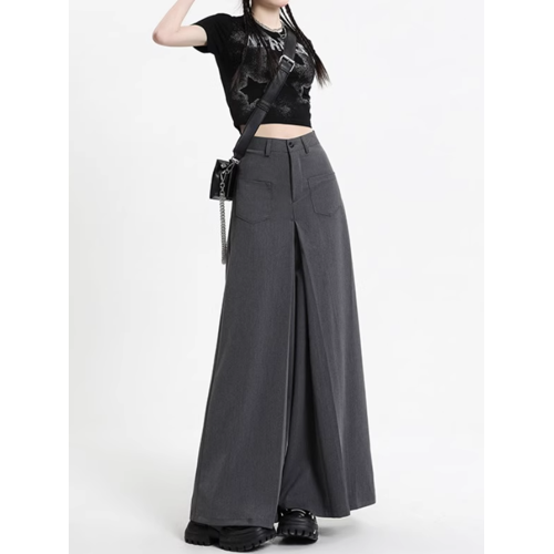 高級感灰色西裝褲裙女夏季薄款高腰垂感濶腿褲寬鬆直筒休閒拖地褲