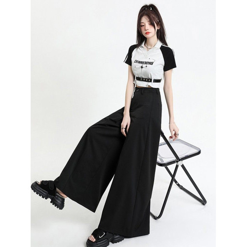 高級感灰色西裝褲裙女夏季薄款高腰垂感濶腿褲寬鬆直筒休閒拖地褲