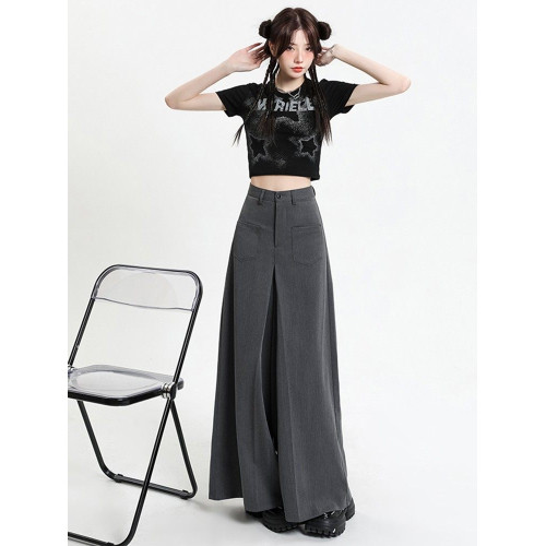 高級感灰色西裝褲裙女夏季薄款高腰垂感濶腿褲寬鬆直筒休閒拖地褲