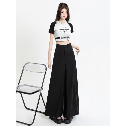 高級感灰色西裝褲裙女夏季薄款高腰垂感濶腿褲寬鬆直筒休閒拖地褲