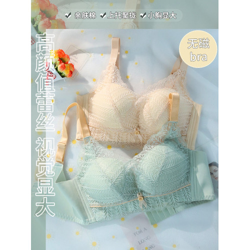 蕾絲內衣女士小胸聚攏顯大收副乳無鋼圈文胸上托不空杯平胸罩秋季