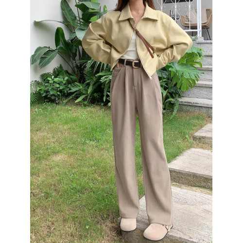 小小家  小個子秋冬新款高腰加絨加厚雪尼爾濶腿褲老爹褲150xs