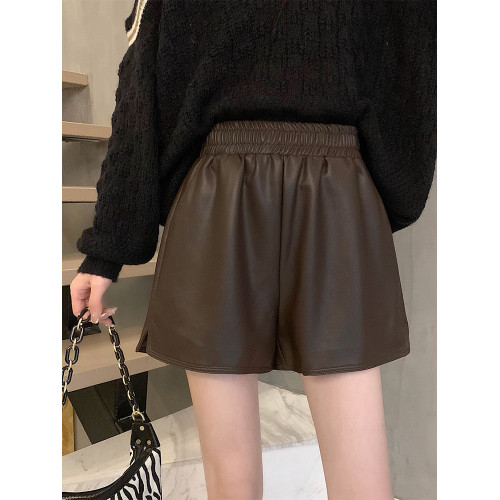 短褲pu皮女2023秋冬季新款大碼寬鬆濶腿顯瘦高腰時尚外穿打底靴褲