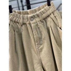 復古燈芯絨濶腿褲女冬季加絨加厚松緊腰大碼媽媽休閒保暖條絨長褲