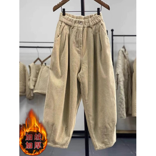 復古燈芯絨濶腿褲女冬季加絨加厚松緊腰大碼媽媽休閒保暖條絨長褲