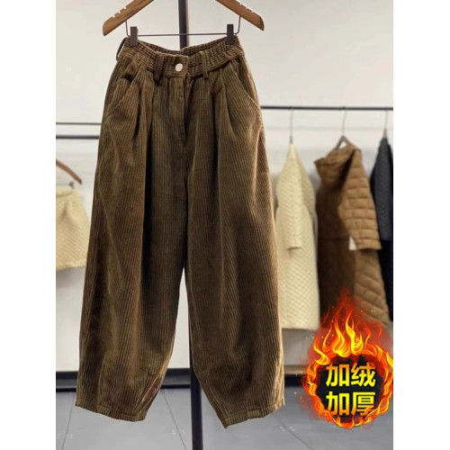 復古燈芯絨濶腿褲女冬季加絨加厚松緊腰大碼媽媽休閒保暖條絨長褲